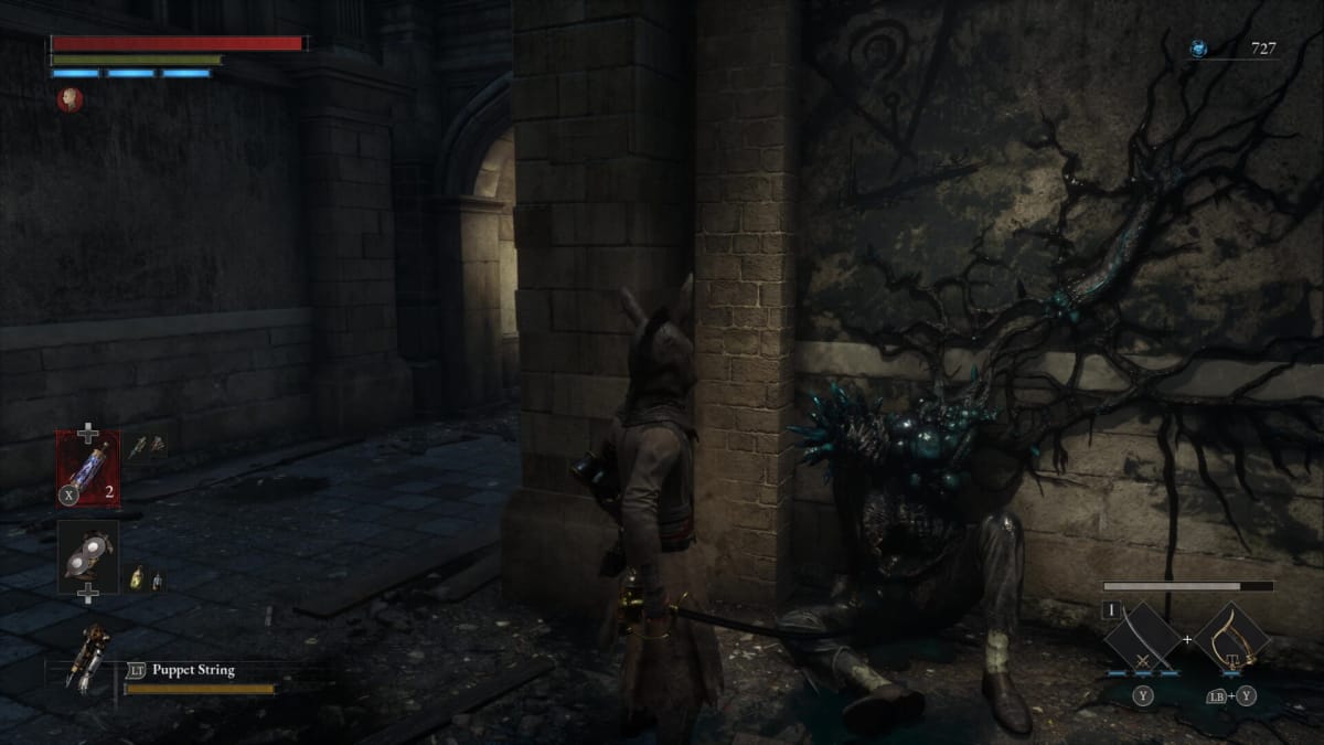 A monstrous enemy slumped against a wall while the player looks on in Lies of P