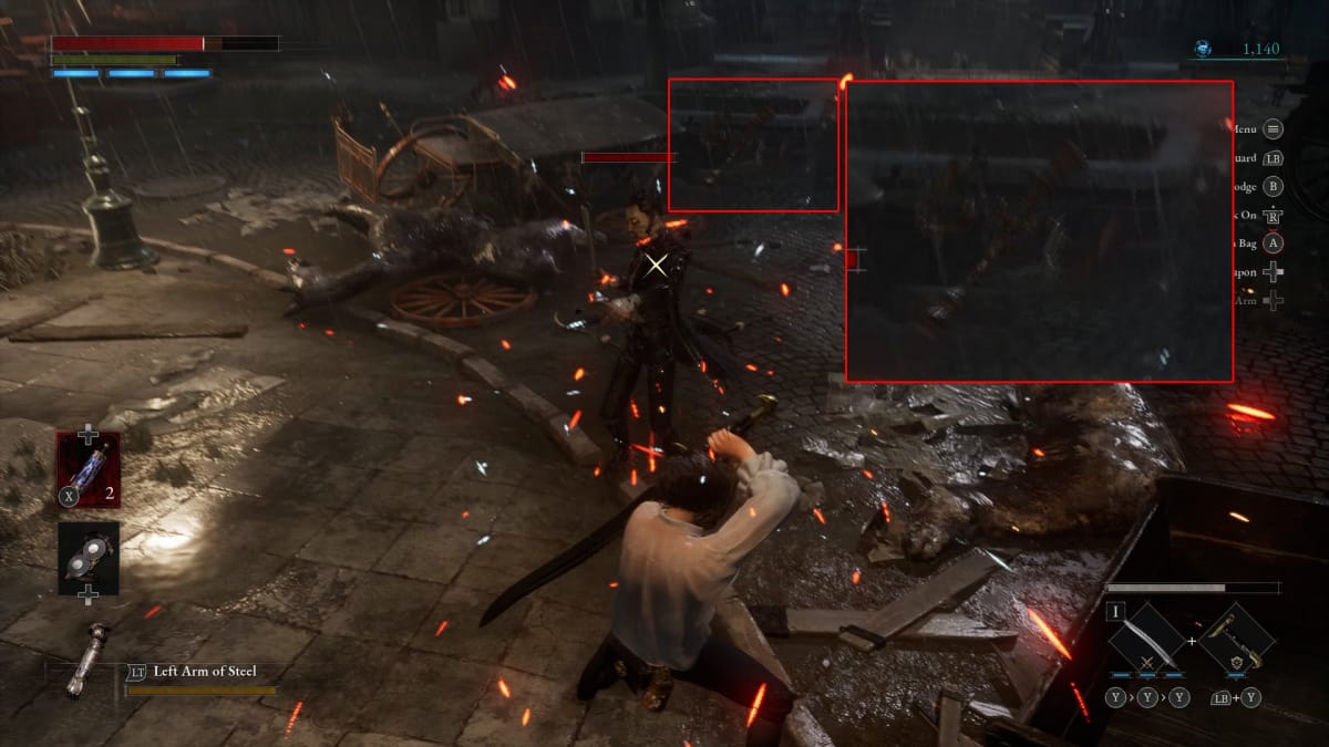 LIes of p screenshot showing a boy holding his sword in a guard position with annotations showing the enemies weapon has broken