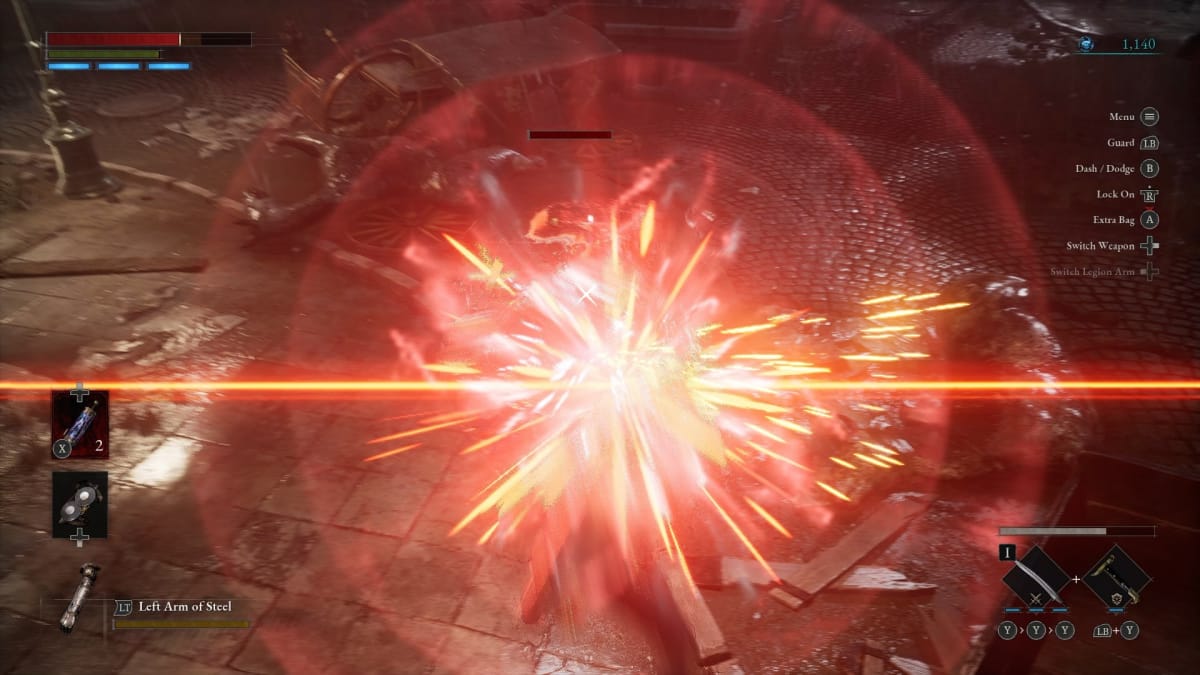 Lies of P screenshot showing a huge red sparking particle effect