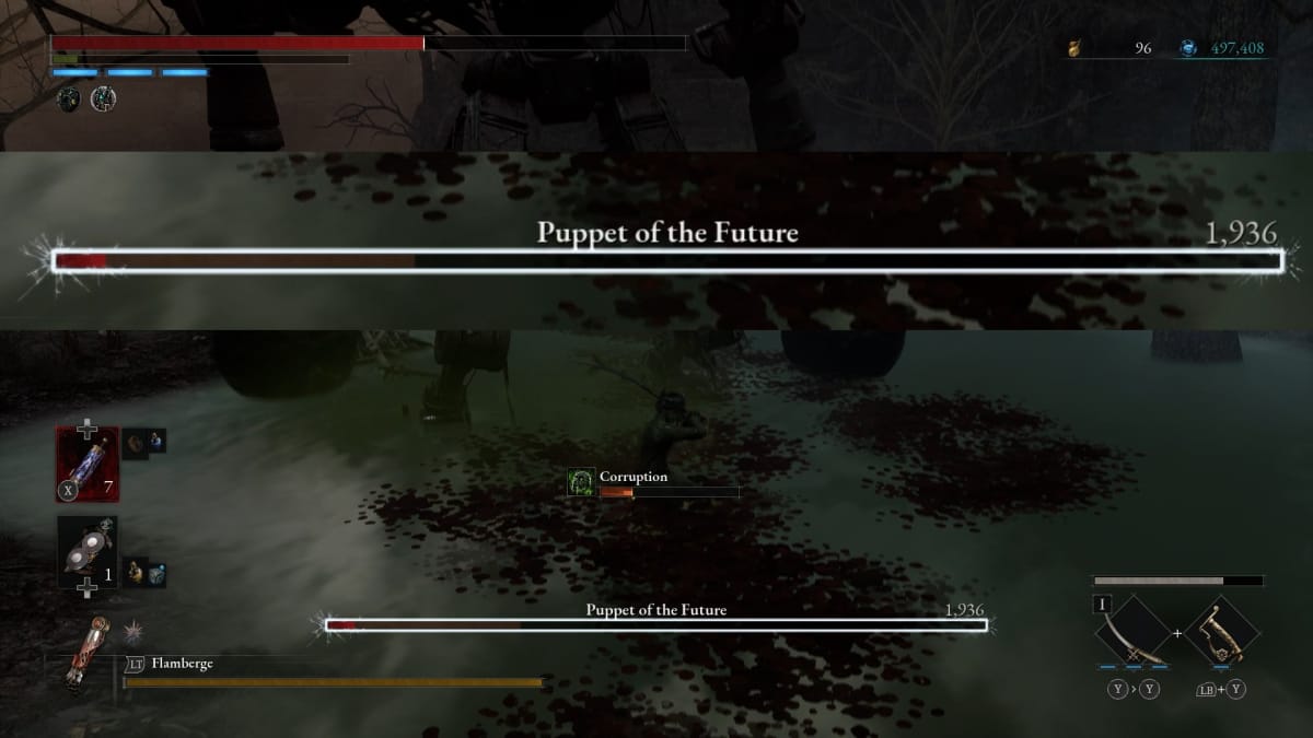 Lies of P screenshot showing a swamp filled with a giant robot and a boy covered in muck with an annotation highlighting the white border around the enemy health bar