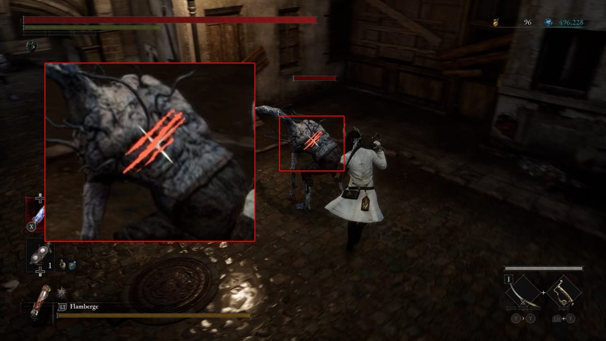 Lies of P screenshot showing a warrior clad in white circling behind an enemy with annotations indicating the symbol that has appeared on the enemys back