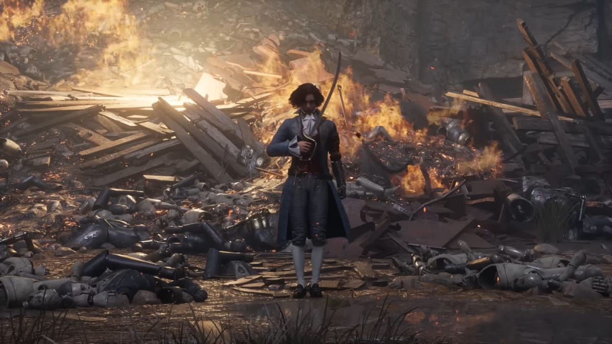 Pinocchio stands in front of fiery ruins in Lies of P