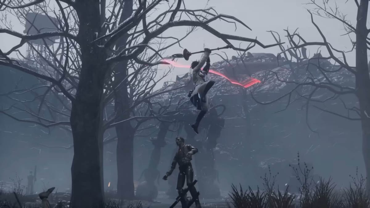 P leaping into the air to attack an unsuspecting enemy amidst a landscape of barren trees in Lies of P