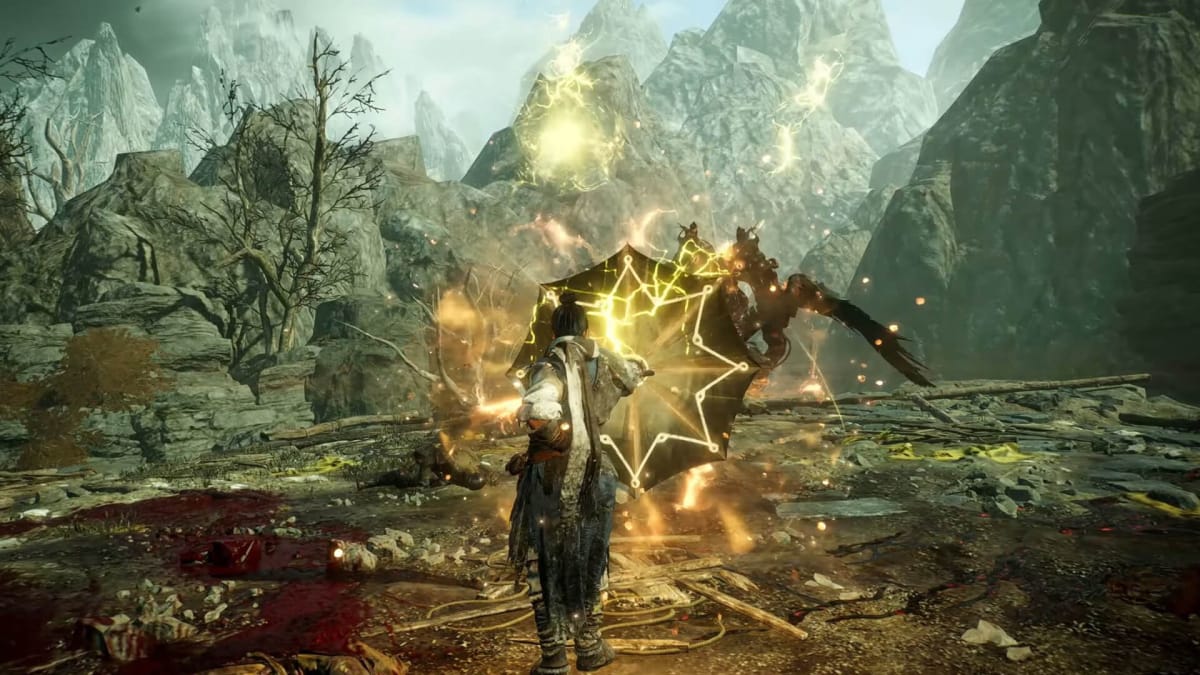 The player using an umbrella to deflect projectiles from an enemy in Wo Long: Fallen Dynasty's Lies of P crossover