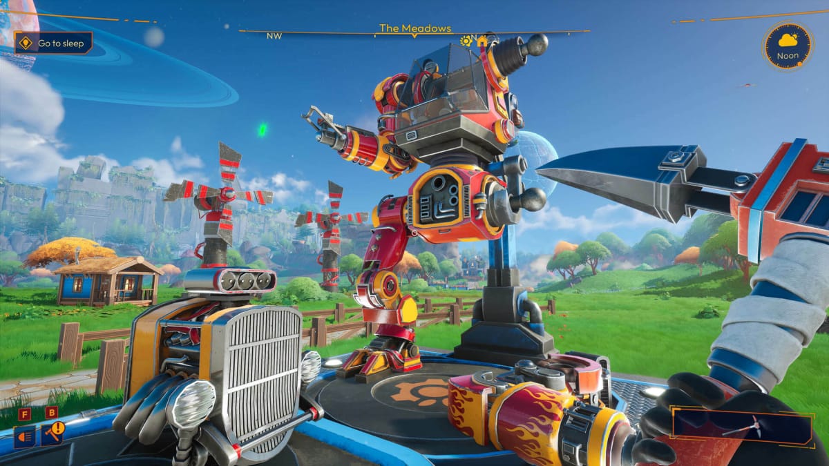 The player looking up at a mech while wielding a sort of improvised pickaxe tool in Lightyear Frontier