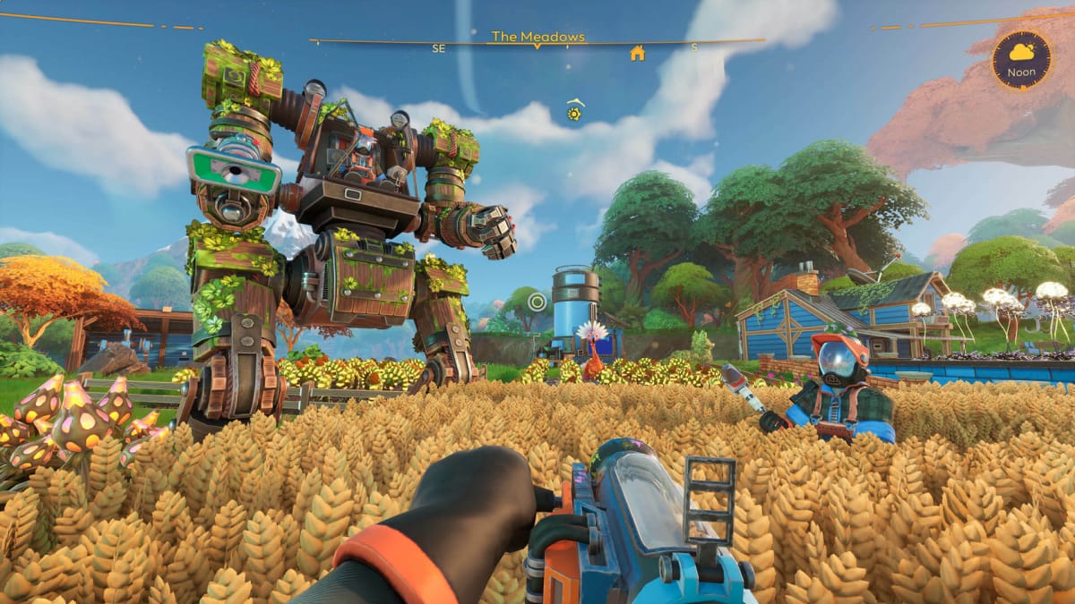 The player standing in a field of wheat and looking at another player's mossy wooden mech in Lightyear Frontier