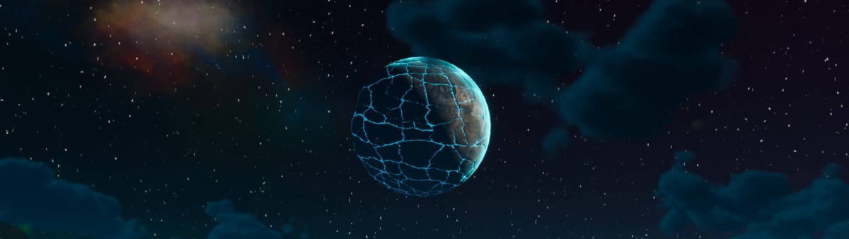 A cracked blue planet in the night sky of Lightyear Frontier