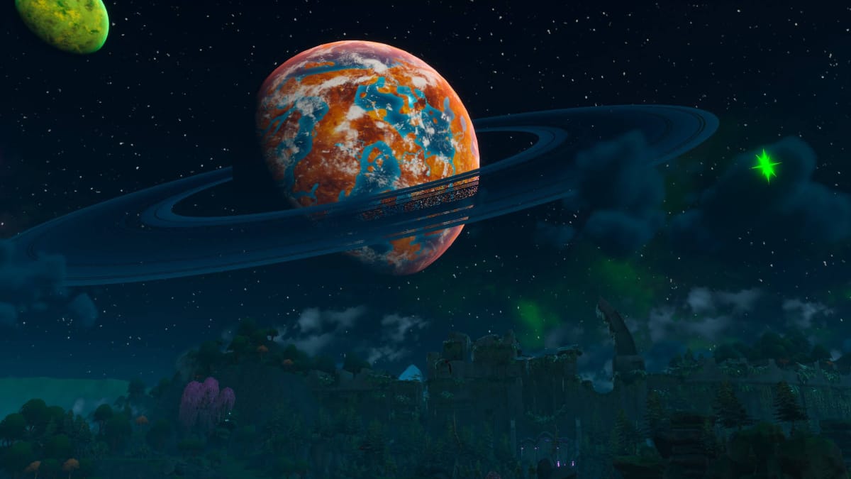 The night sky in Lightyear Frontier showing a big orange planet with blue rings and a smaller green planet in the distance