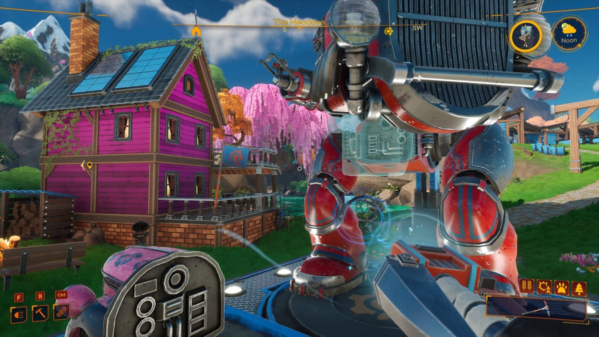 Swapping out the engine in a Mech in Lightyear Frontier with a pink Homestead Mansion in the background