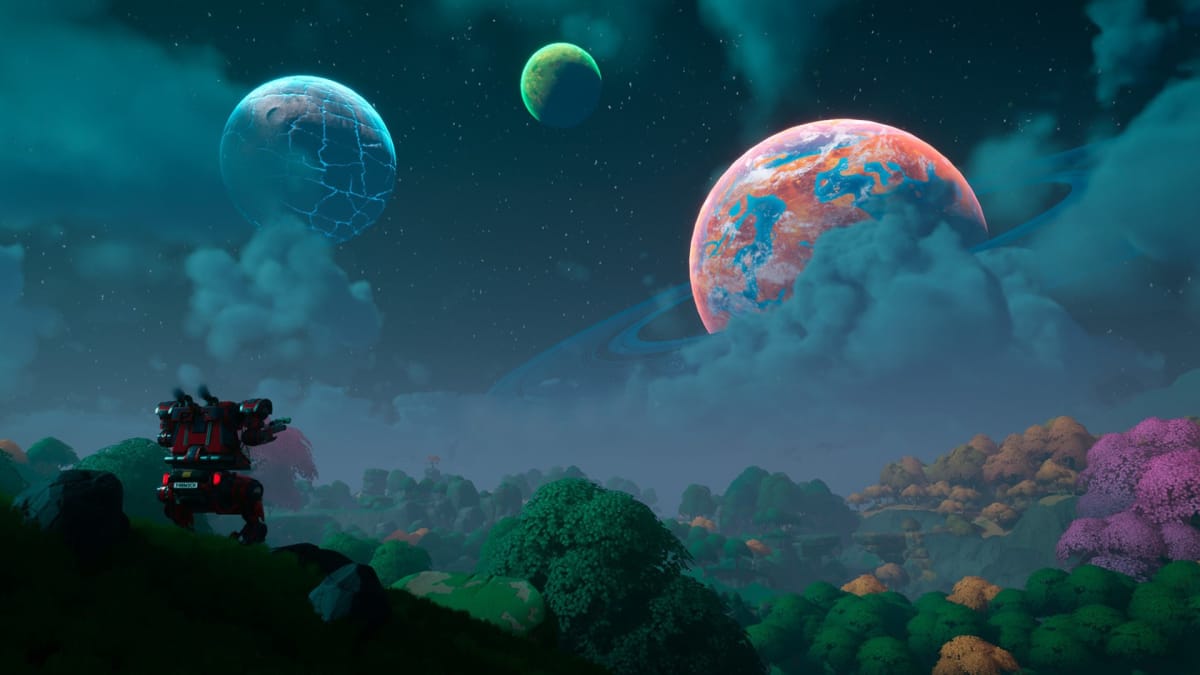A mech can be seen on a hill, overlooking the planet and looking up at the sky at a number of planets.