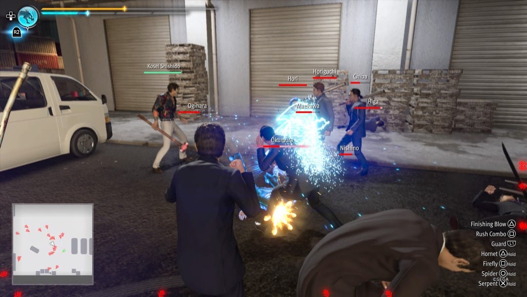 A screenshot from Like A Dragon Gaiden: The Man Who Erased His Name, Showing Kiryu fighting a horde of gangsters