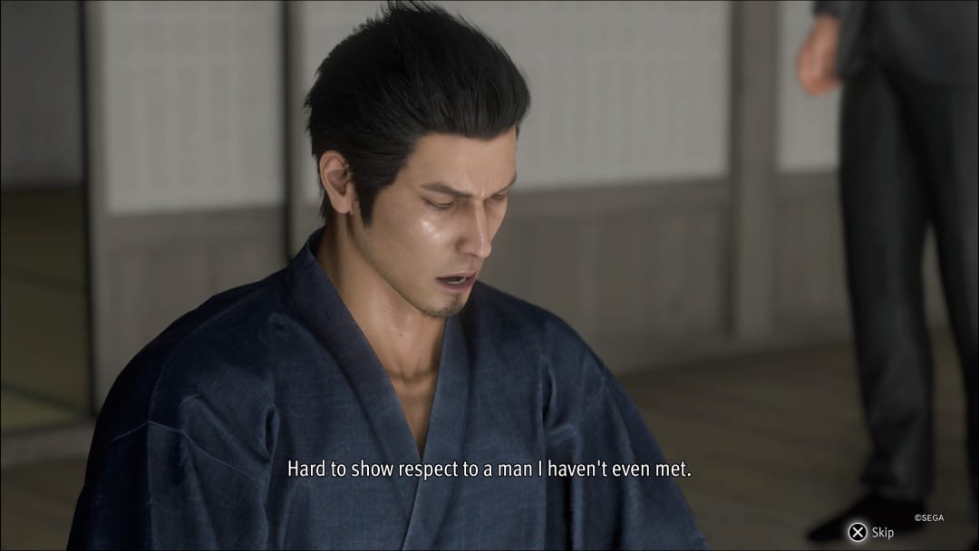 A screenshot form Like A Dragon Gaiden: The Man Who Erased His Name, showing Kiryu meditating in a temple