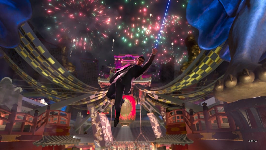 Kazuma Kiryu swinging through a neon-lit castle in the middle of a casino from Like A Dragon Gaiden: The Man Who Erased His Name.