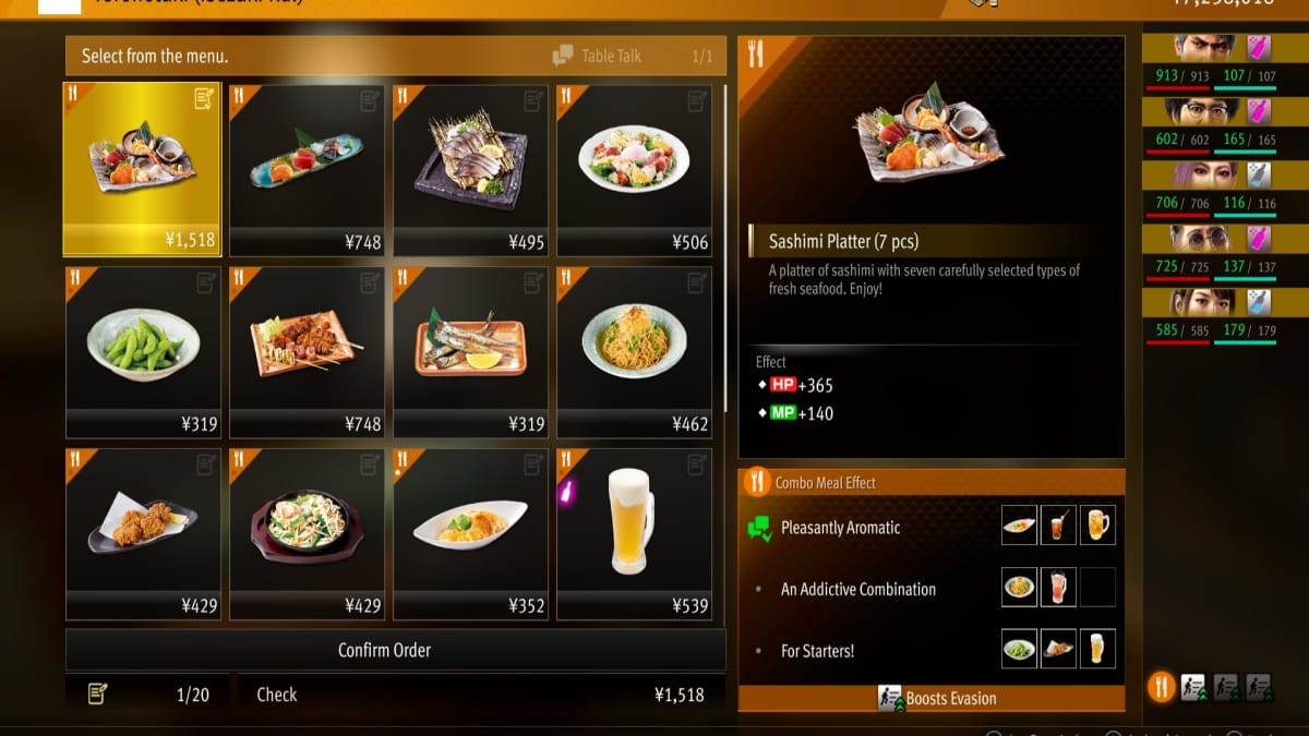 like a dragon infinite wealth screenshot showing a japanese restaurant filled with fancy dishes