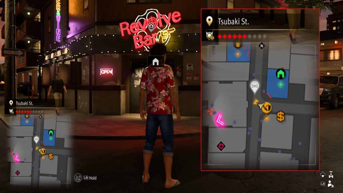 like a dragon infinite wealth screenshot showing a map reference and a bar with a gun symbol logo and a neon sign above the doorway