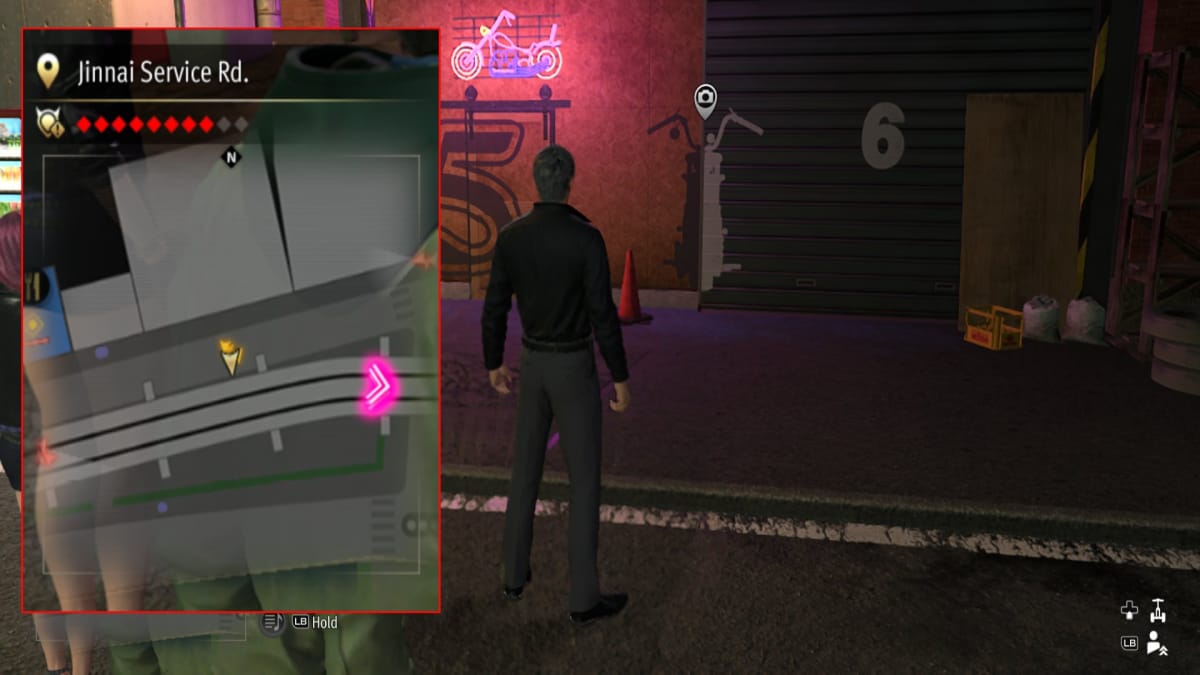 like a dragon infinite wealth screenshot showing a map reference and a boarded up garage with neon signs outside