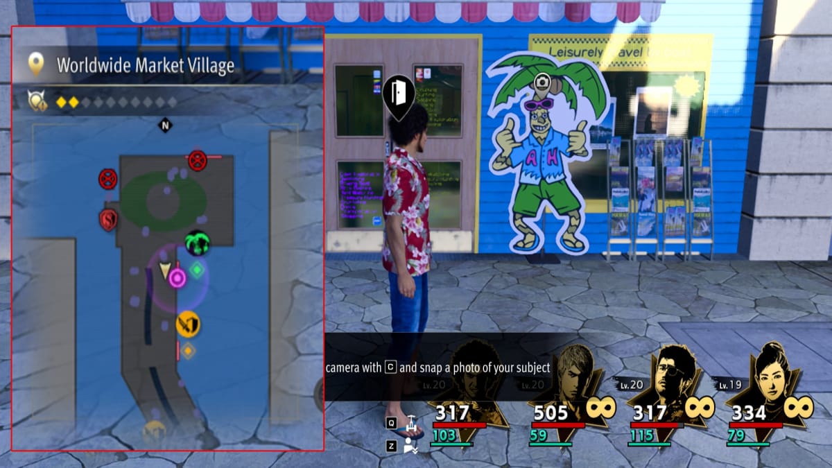 like a dragon infinite wealth screenshot showing a map reference and a cartoon palm tree mascot outside a blue store