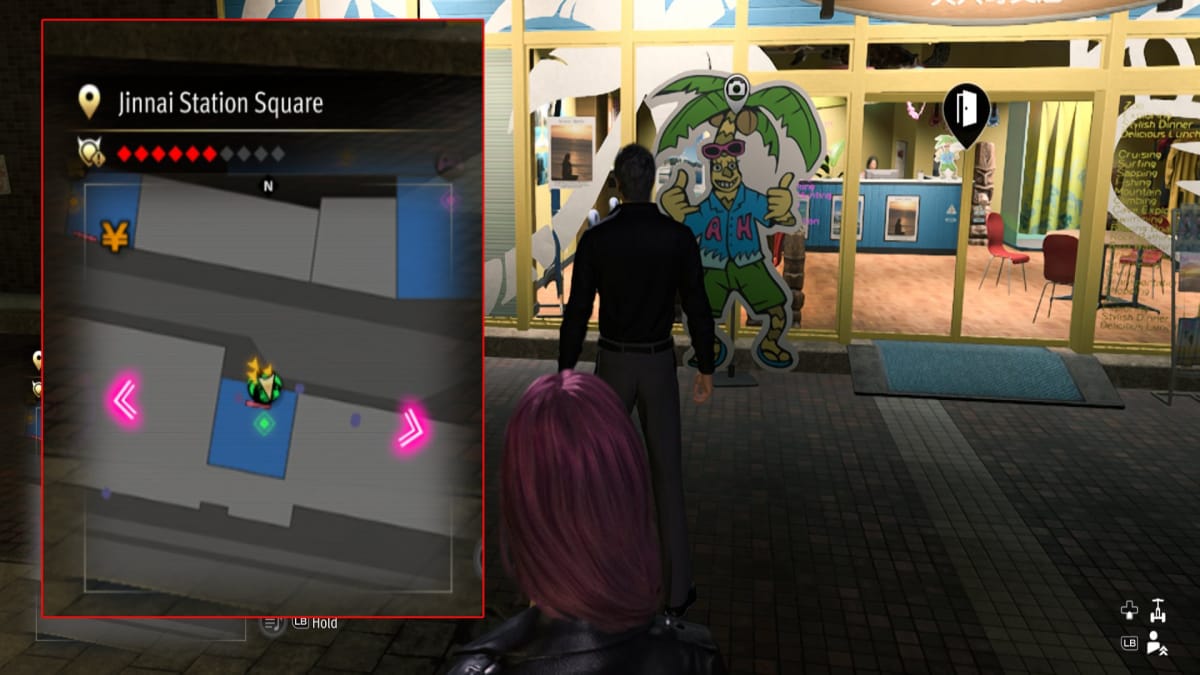 like a dragon infinite wealth screenshot showing a map reference and a cartoonishly bright office with a mascot sign outside