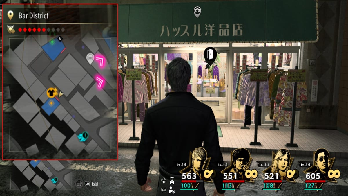 like a dragon infinite wealth screenshot showing a map reference and a discount clothing store