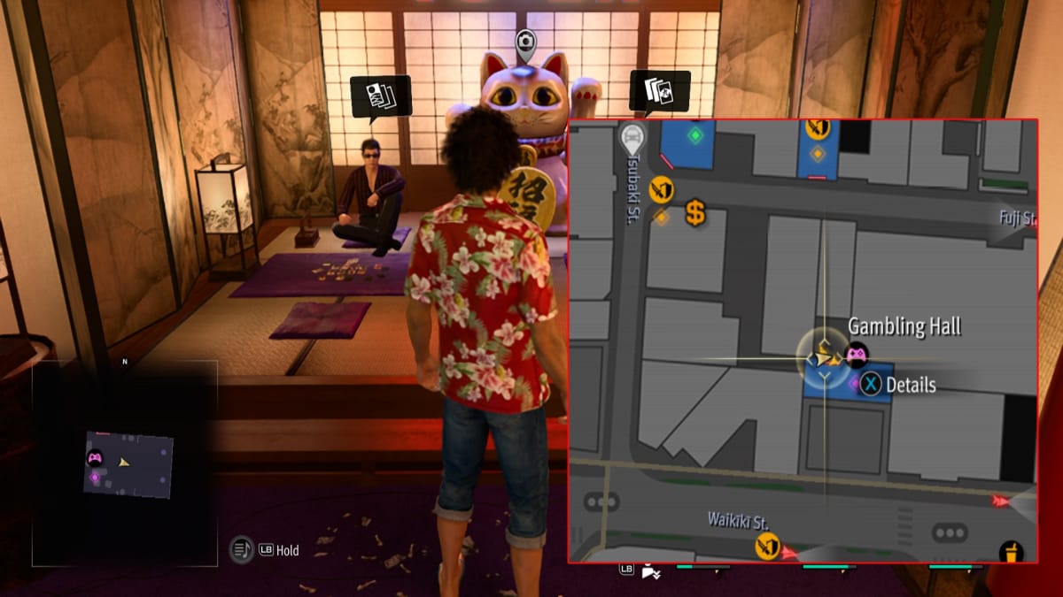 like a dragon infinite wealth screenshot showing a map reference and a gambling hall with a giant lucky cat statue in the background