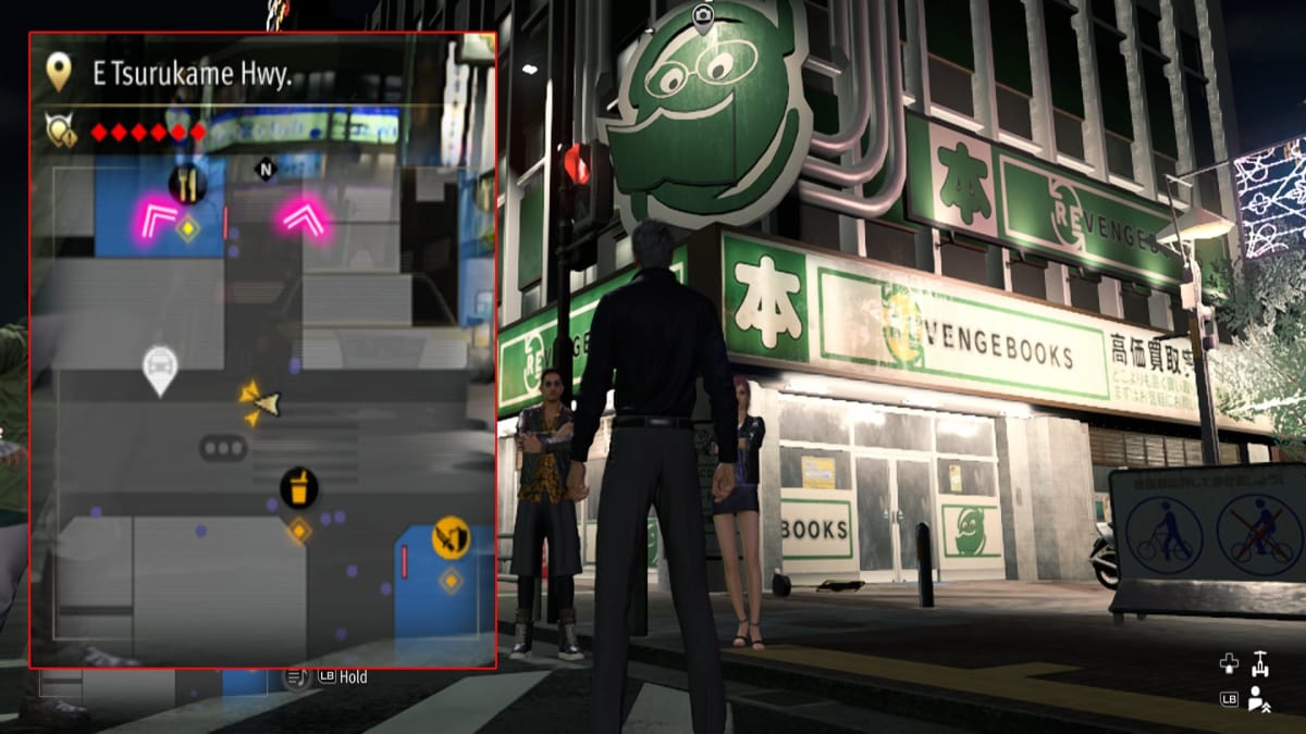 like a dragon infinite wealth screenshot showing a map reference and a giant green sign outside of a book store
