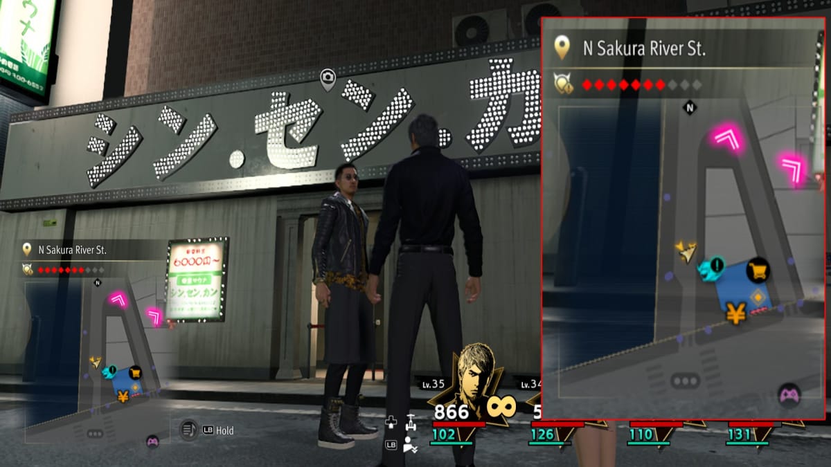 like a dragon infinite wealth screenshot showing a map reference and a glowing sign in silver kana characters
