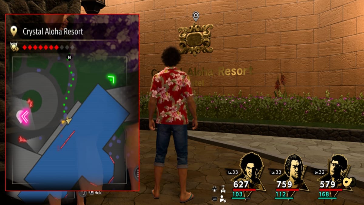 like a dragon infinite wealth screenshot showing a map reference and a golden sign for some fancy resort hotel