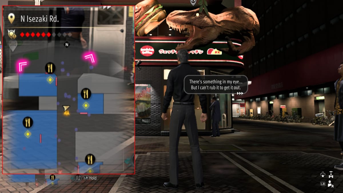 like a dragon infinite wealth screenshot showing a map reference and a huge sign on a burger place with a dinosaur chasing a burger