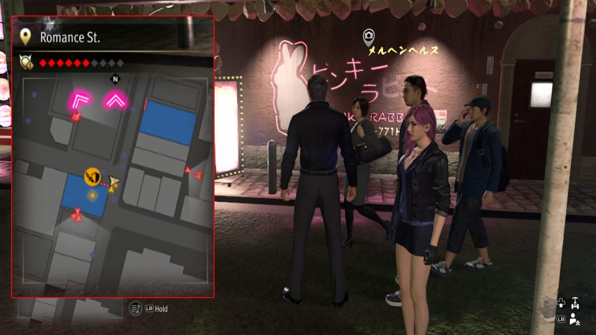 like a dragon infinite wealth screenshot showing a map reference and a neon lined sign with a bunny logo on it