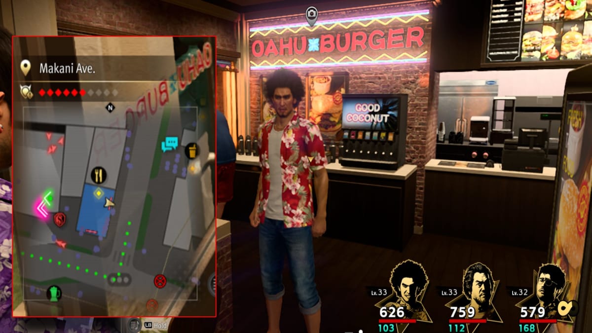 like a dragon infinite wealth screenshot showing a map reference and a neon oahu burger sign glowing above a mans head