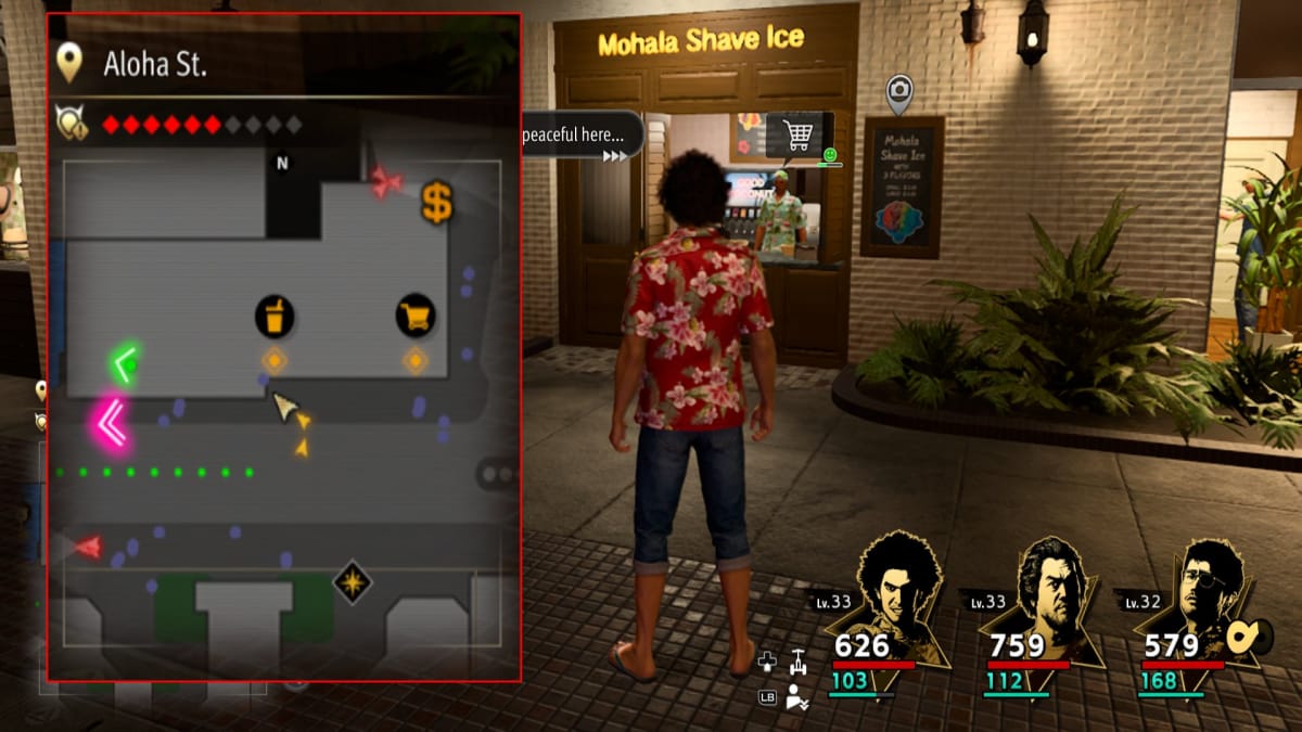 like a dragon infinite wealth screenshot showing a map reference and a shaved ice shop with a menu out front