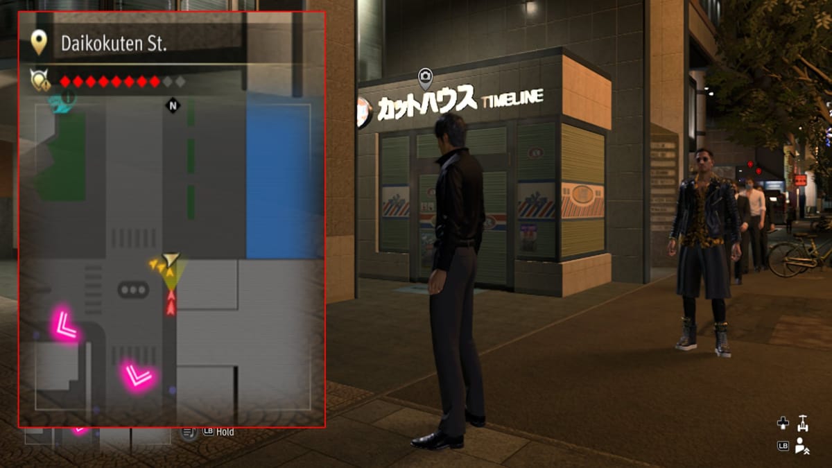 like a dragon infinite wealth screenshot showing a map reference and a small closed store with a simple glowing sign 