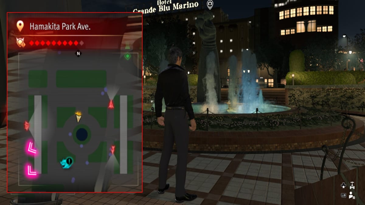 like a dragon infinite wealth screenshot showing a map reference and a statue inside a fountain surrounded by an upmarket park