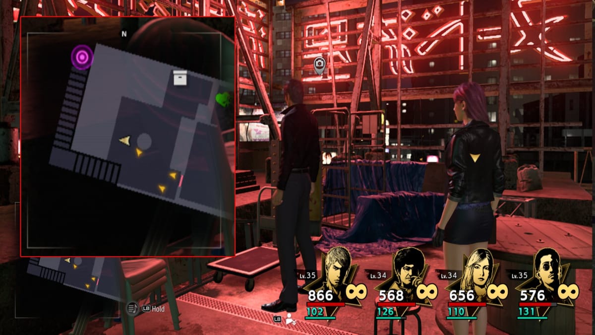like a dragon infinite wealth screenshot showing a map reference and an area behind a giant neon sign