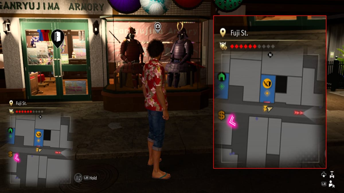 like a dragon infinite wealth screenshot showing a map reference and an armory with full sets of samurai armor in the window display