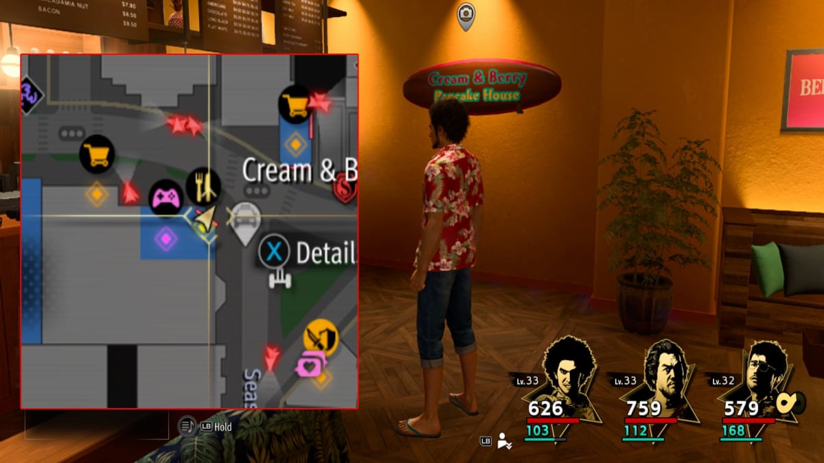 like a dragon infinite wealth screenshot showing a map reference and an oval wooden sign on the wall