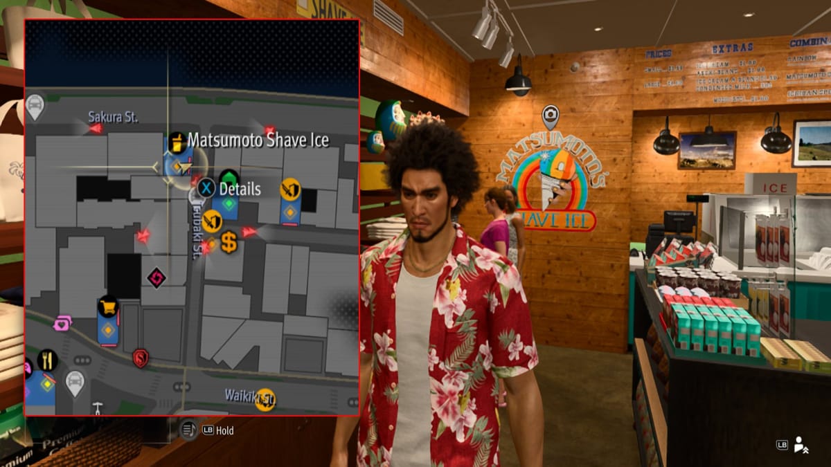 like a dragon infinite wealth screenshot showing a map reference and the inside of a shaved ice store 