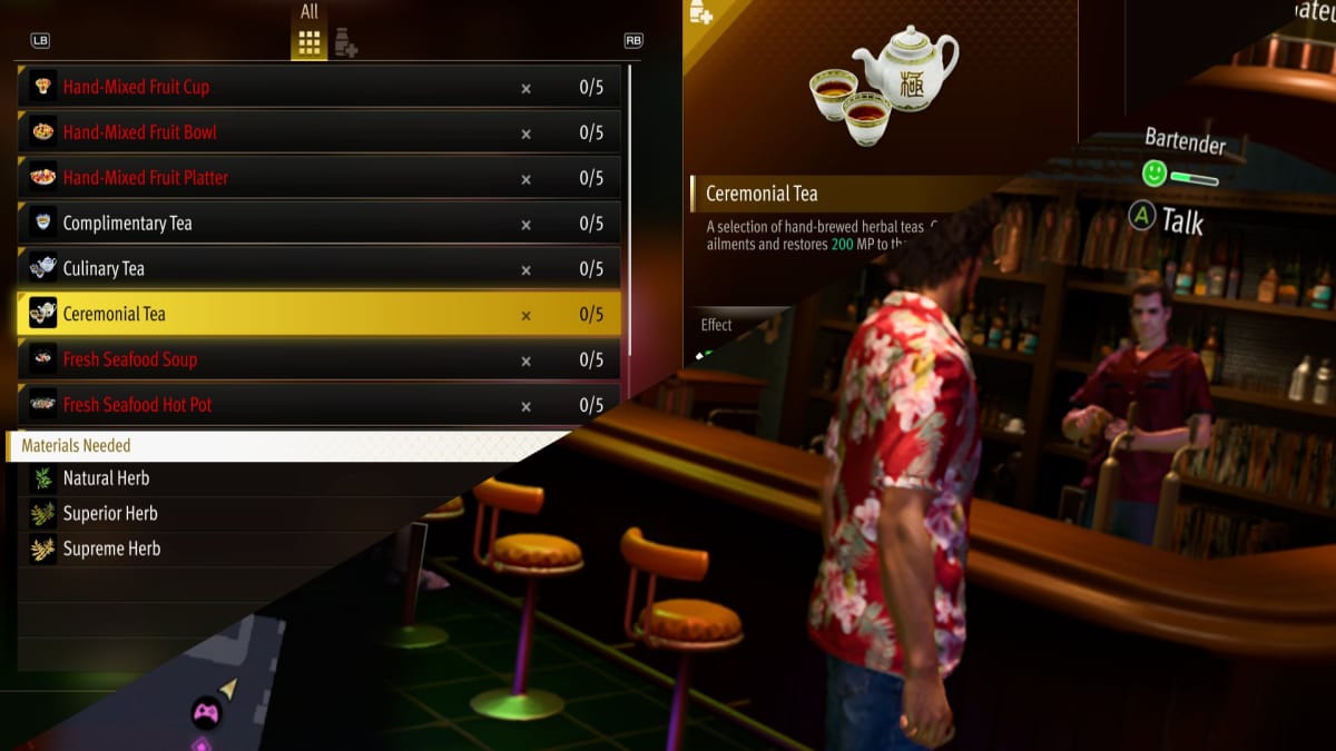 like a dragon infinite wealth screenshot showing the menu of a bar as well as the man behind the bar