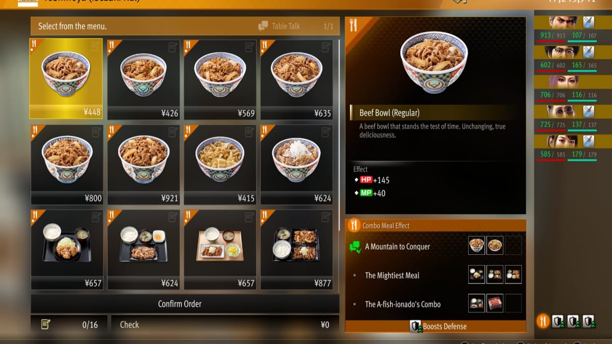 like a dragon infinite wealth screenshot showing the menu of a normal yoshinoya rice bowl place