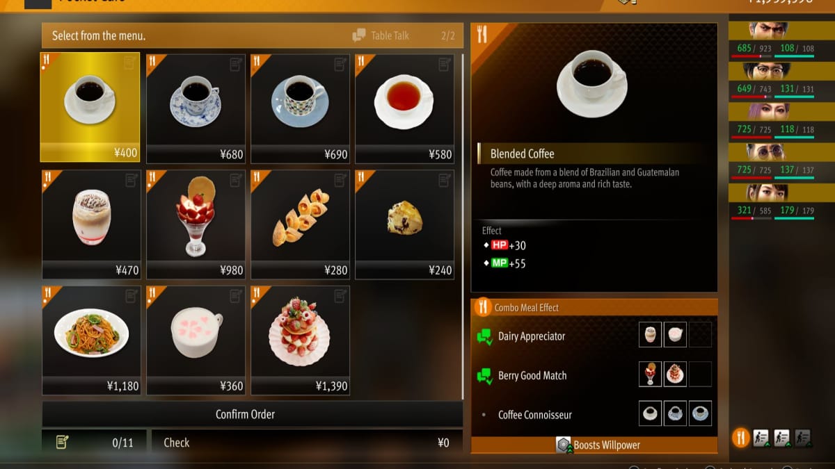 like a dragon infinite wealth screenshot showing the menu of a popular cafe with sweets and coffees on the menu