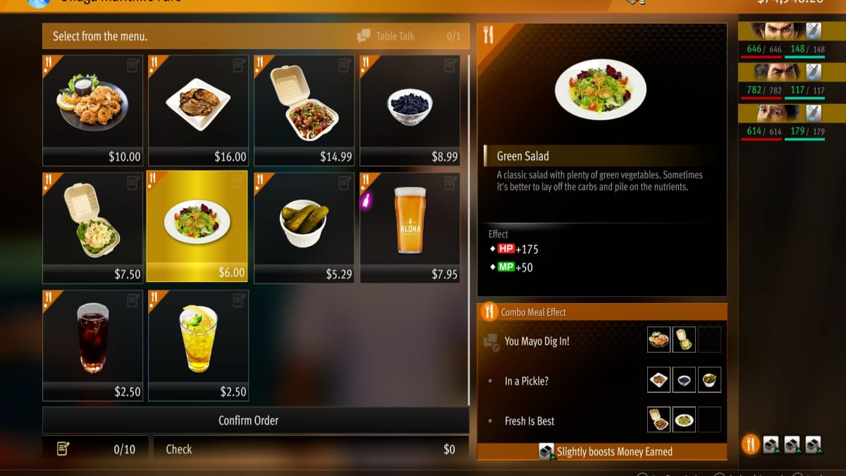 like a dragon infinite wealth screenshot showing the menu of a seafood resteraunt 