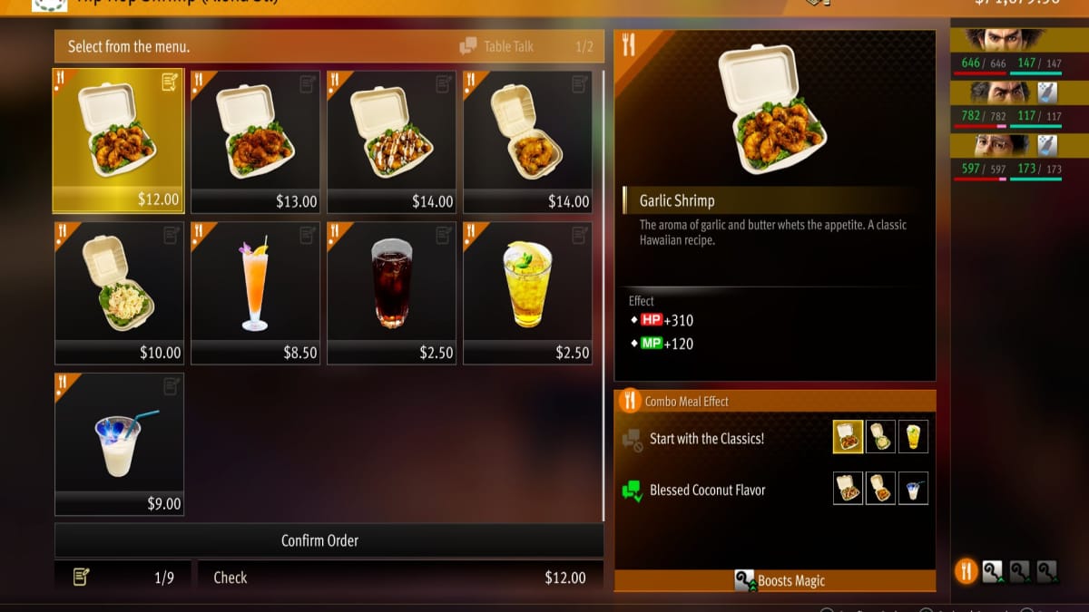 like a dragon infinite wealth screenshot showing the menu of a shrimp food truck