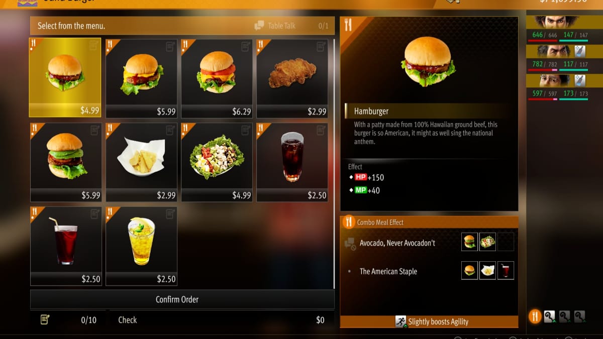 like a dragon infinite wealth screenshot showing the menu of a simple burger joint with various drinks available