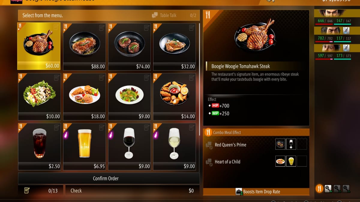 like a dragon infinite wealth screenshot showing the menu of a steakhouse filled with various meat dishes