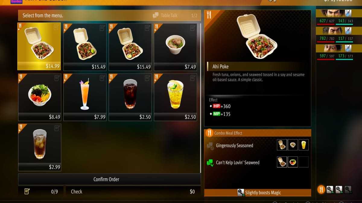 like a dragon infinite wealth screenshot showing the menu of a takeout POKE place