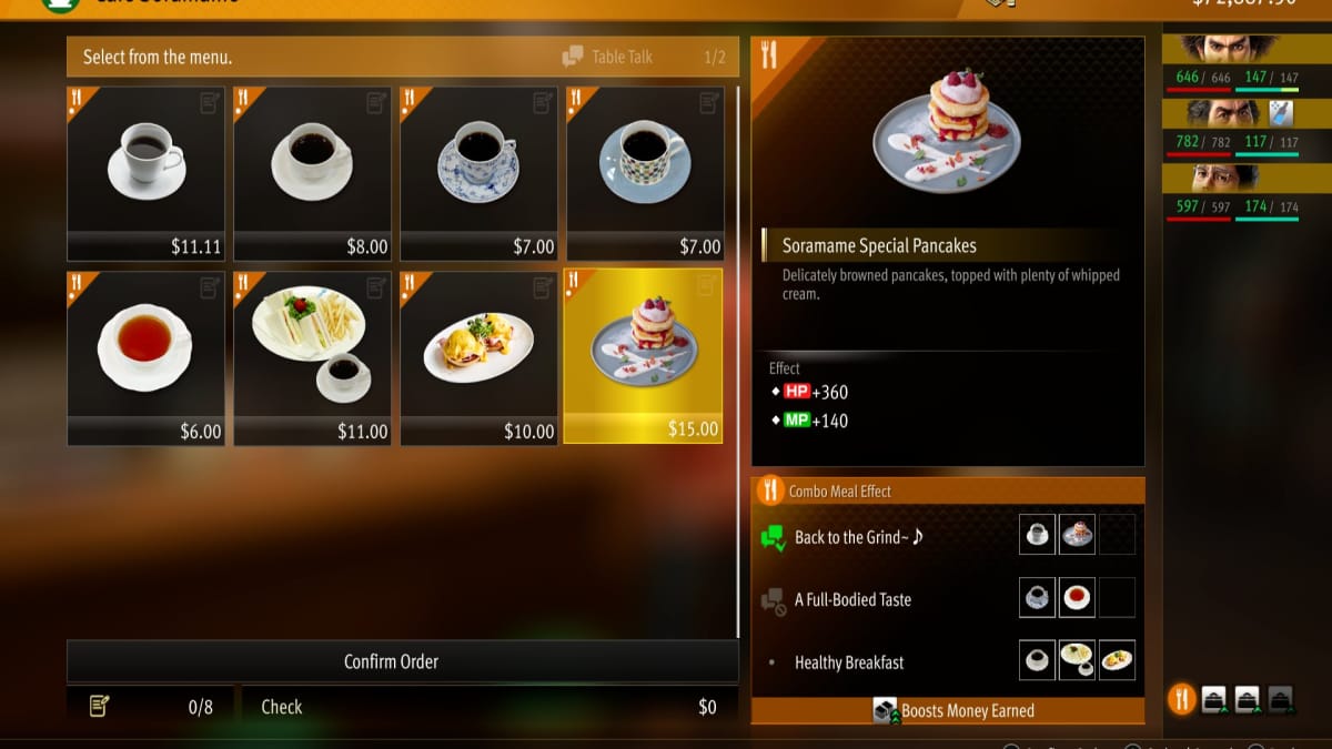 like a dragon infinite wealth screenshot showing the menu of a trendy coffee shop with a limited food selection