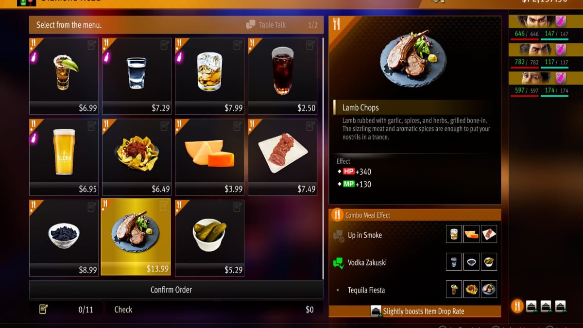 like a dragon infinite wealth screenshot showing the menu of an expensive bar with much meat cheese and alcohol available 