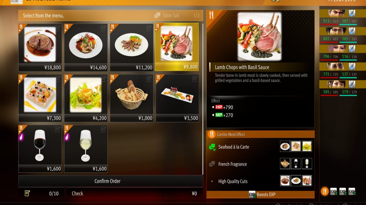 like a dragon infinite wealth screenshot showing the menu of an upmarket restaraunt filled with meat and wine