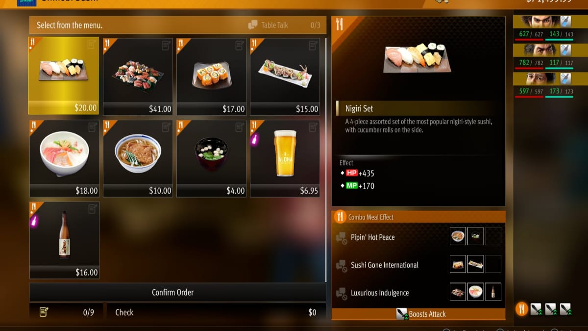 like a dragon infinite wealth screenshot showing the menu of shinobi sushi