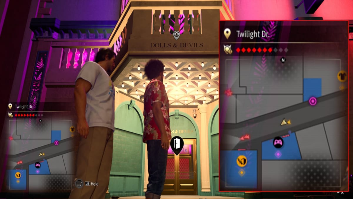 like a dragon infinite wealth screenshot with a map reference and a fancy club sign with a balcony overlooking the viewer